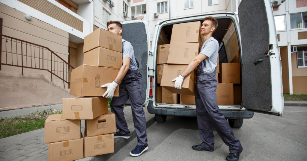 Professional local movers carefully move boxes from a van.