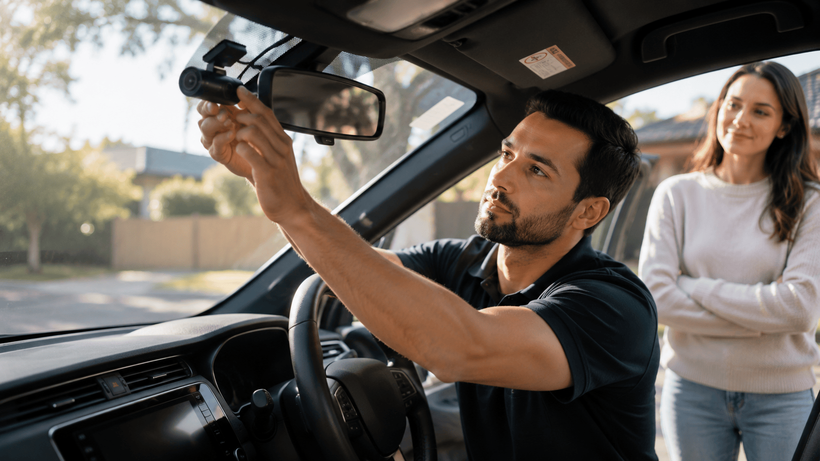 Professional dash cam installation inside a vehicle